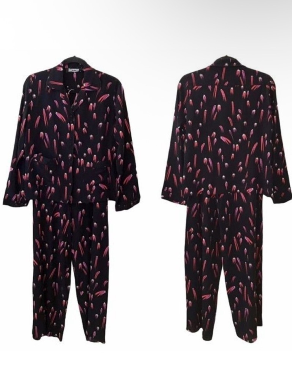 Rockins Luxe Loungewear Black Red Pink 100% Silk Shooting Star Pajama Suit Small
